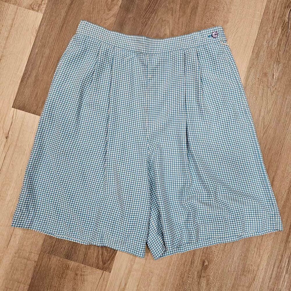 Talbots 100% silk Gingham Vintage Shorts plaid blue and white